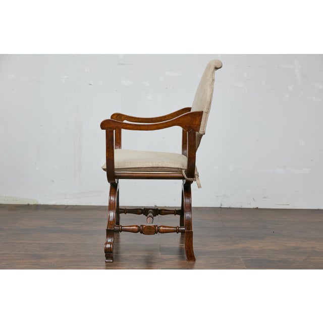 Italian 19th Century Walnut Curule Upholstered Armchair with Carved X-Form Base For Sale - Image 9 of 12