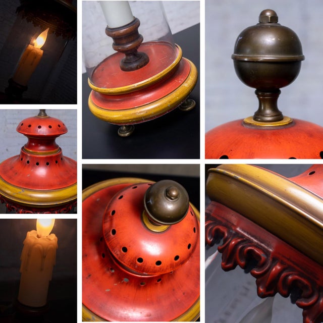 1960-1970’s Campaign Style Hurricane Lantern Table Lamp Orange & Yellow Painted Metal Frame & Brass Accents For Sale - Image 9 of 18