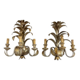 Large Hollywood Regency Style Wrought Iron Wall Lamps, 1980s, Set of 2 For Sale