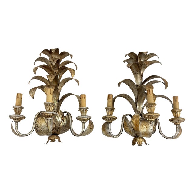 Large Hollywood Regency Style Wrought Iron Wall Lamps, 1980s, Set of 2 For Sale