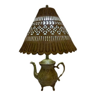 Vintage 1960s Etched Brass Teapot Lamp With Pierced Metal Shade For Sale