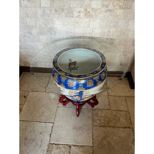 Mid 20th Century Mid 20th Century Large Hand‑Painted Asian Motif Fishbowl Table With Glass Top & Wood Stand For Sale - Image 5 of 12