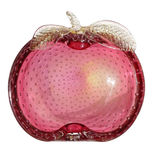 Murano Cranberry Pink Gold Flecks Control Bubbles Vintage Italian Art Glass Apple Ring Dish Bowl For Sale