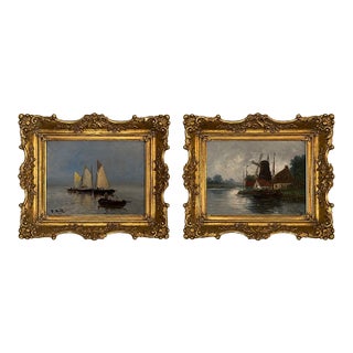 Set of Two 19th Century Antique Marine Oil Paintings in Gilt Frames For Sale