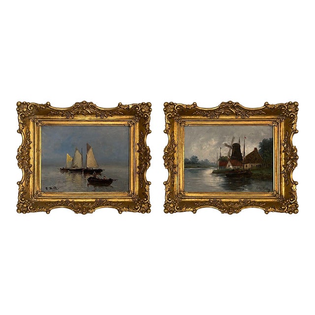 Set of Two 19th Century Antique Marine Oil Paintings in Gilt Frames For Sale