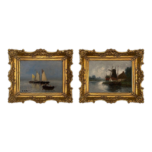 Set of Two 19th Century Antique Marine Oil Paintings in Gilt Frames