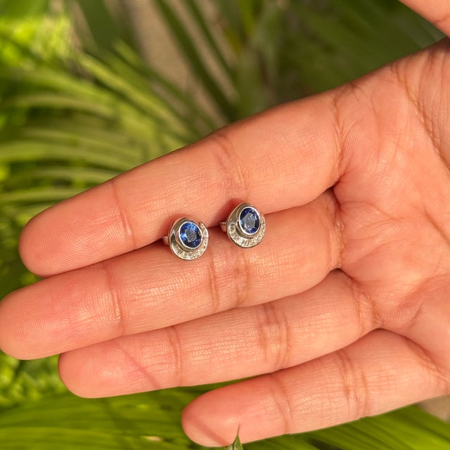 Vintage Style 1.27 Ct Blue Sapphire & Diamond Stud Earrings in 14k White Gold For Sale - Image 12 of 16
