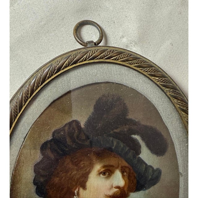 Blue Antique 1800's Original Hand Painted Miniature Rembrandt Portrait Bronze Framed For Sale - Image 8 of 9