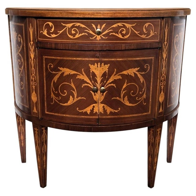 Neoclassical Demi-Lune Commode in Marquetry Inlay Burl Wood, 1960s For Sale - Image 9 of 9