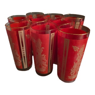 1950s Culver Red and Gold Thai Goddess Highball Glasses - 9 Pieces For Sale