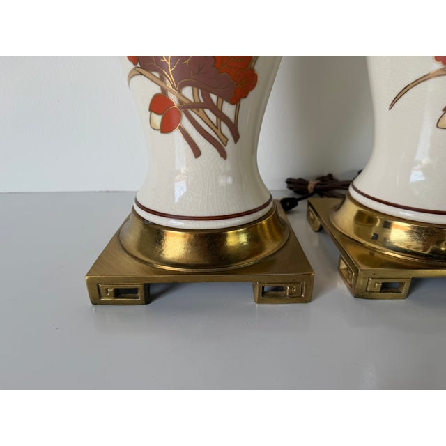 1970's Vintage Chinoiseries Style Floral Lotus Motif Ceramic Table Lamps - A Pair For Sale - Image 13 of 15