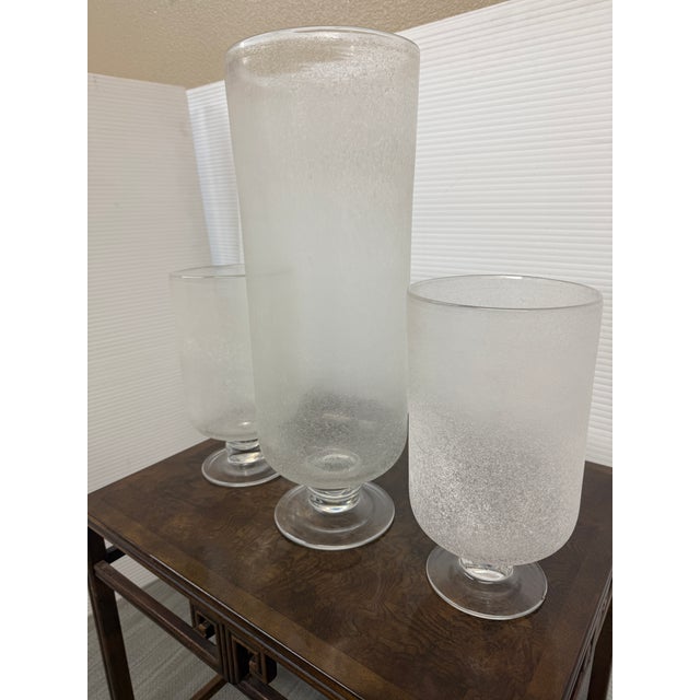 Frosted Glass Cylindrical Hurricane Vases, Set of Three For Sale In San Francisco - Image 6 of 12