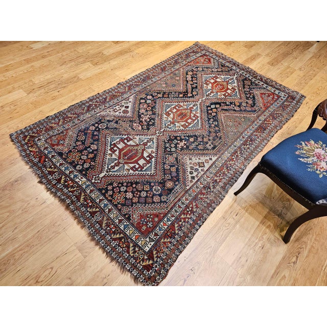 Vintage Persian Qashqai Tribal Area Rug, Hand-Knotted Wool, Geometric Medallions, 4x7, Navy & Red For Sale In Chicago - Image 6 of 18
