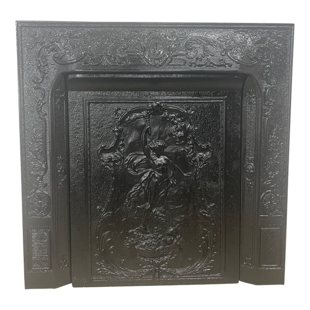 19th Century French Quarter Cast Iron Fireplace Surround & Ornate Figural Cover 30.5"x30.5" For Sale