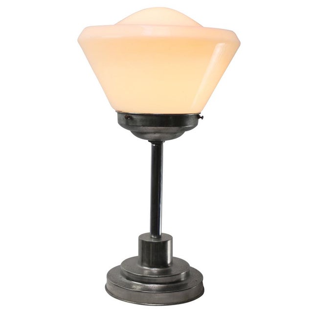 Mid-Century Modern Art Deco White Opaline Cone Glass and Nickel-Plated Desk Lamp For Sale - Image 3 of 8