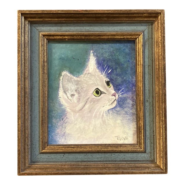 1970’s Original Tanya Jacobi White Kitten Painting Original Frame Signed For Sale