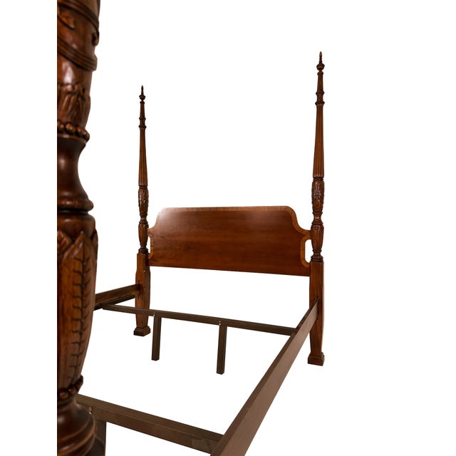 American Vintage Mahogany Rice Carved Poster Bed Queen Size For Sale - Image 3 of 10