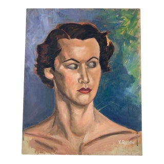Vintage Oil Painting Portrait Female Woman Funky Judgey Side Eye Signed Y Rubin For Sale