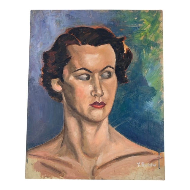 Vintage Oil Painting Portrait Female Woman Funky Judgey Side Eye Signed Y Rubin For Sale