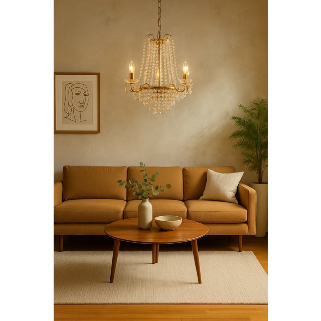 Mid-Century Modern Vintage Brass & Crystal Wedding Cake Chandelier – Waterfall Tiered 5-Light Regency Pendant For Sale - Image 3 of 14