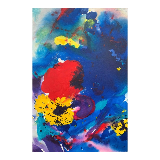Margaret Francis, Abstract Flowers Painting Blue Red Yellow Purple Colour by Modern British Artist, 1992 For Sale