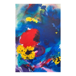 Margaret Francis, Abstract Flowers Painting Blue Red Yellow Purple Colour by Modern British Artist, 1992
