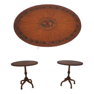 Pair of Vintage Adams Style Oval Inlaid Pedestal Tables For Sale