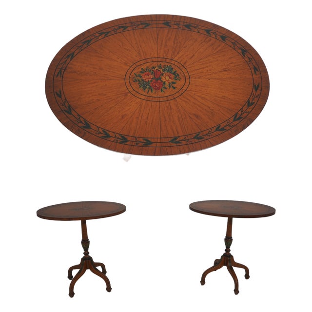 Pair of Vintage Adams Style Oval Inlaid Pedestal Tables For Sale