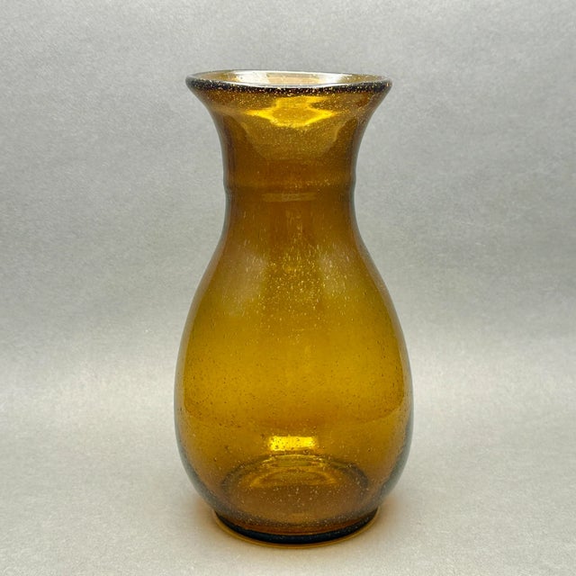 Vintage Minimalist MCM Hand Blown Amber Glass Vase With Bubble Detail For Sale - Image 4 of 9