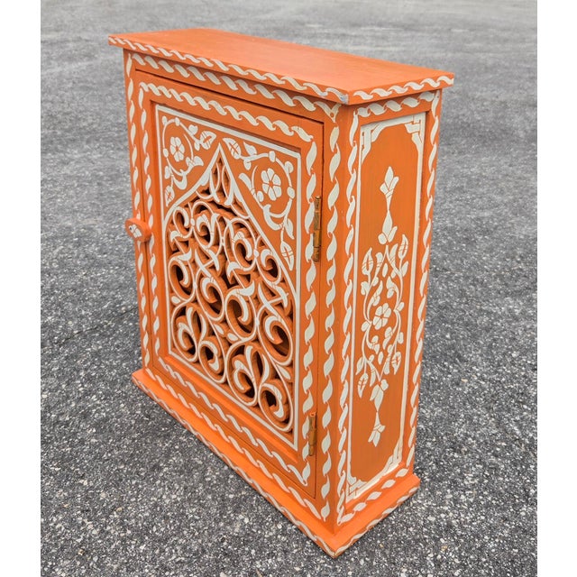 Moroccan Hand Painted Mediterranean Medicine Cabinet / Wall Shelf / Orange and White Zouak For Sale - Image 3 of 6