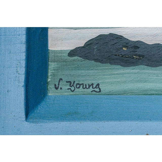 Vintage Folk Art Oil Painting Wood Board New England Coast Scene Country Home Decor For Sale - Image 11 of 17