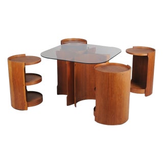 Mid-Century Modern Nesting Table in Oak and Smoked Glass, Czech, 1960s, Set of 5 For Sale