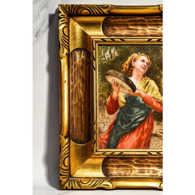 Art Nouveau Maiden Antique German Porcelain Tile Painting Carved Wood Frame For Sale - Image 10 of 15