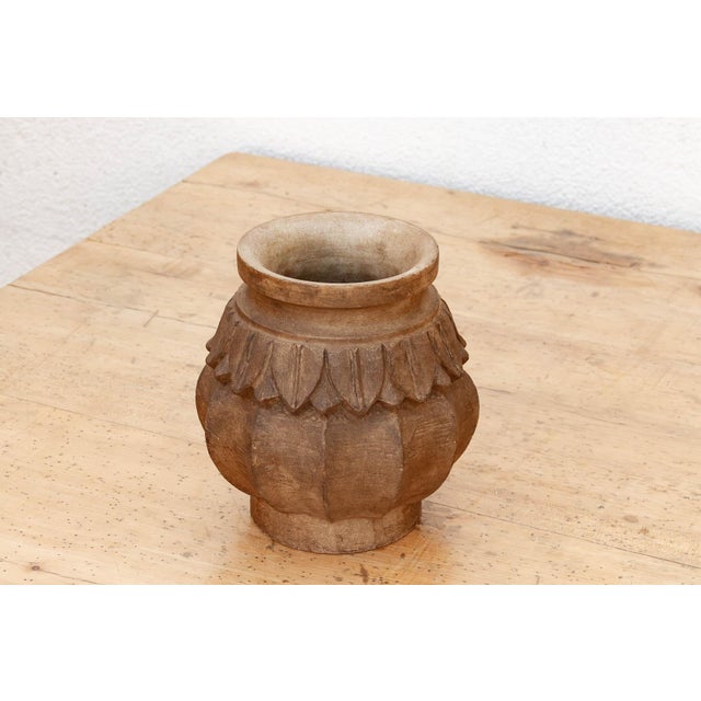 Deep Brown Carved Bulbous Marble Vase For Sale In Los Angeles - Image 6 of 9