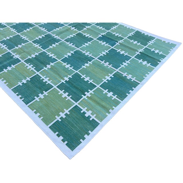 Handmade Cotton Area Rug, Natural Vegetable Dyed, Green and Cream Checked Dhurrie- 8'x10' For Sale - Image 6 of 10