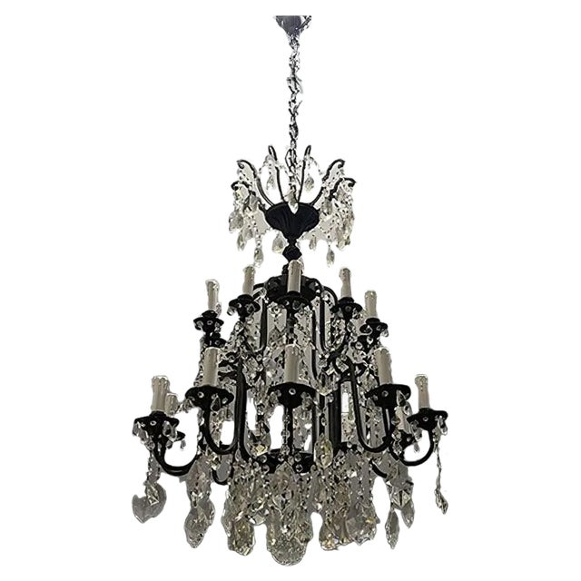 Large Wrought Iron Crystal Chandelier, 1920s For Sale