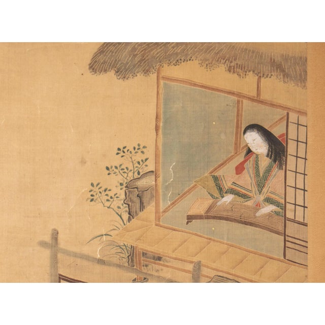 Textile Meiji Era Japanese Painted Silk Scroll Inspired by "The Tale of Genji" Story For Sale - Image 7 of 12
