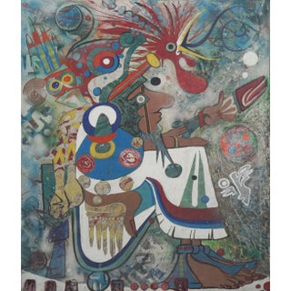 Contemporary Mayan Inspired Abstract Figurative Oil Painting by C. Udesen For Sale