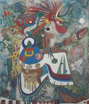 Contemporary Mayan Inspired Abstract Figurative Oil Painting by C. Udesen