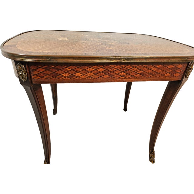 Brown French Louis XV Style Marquetry Side Table With Bronze Accents, Circa 1900 For Sale - Image 8 of 14