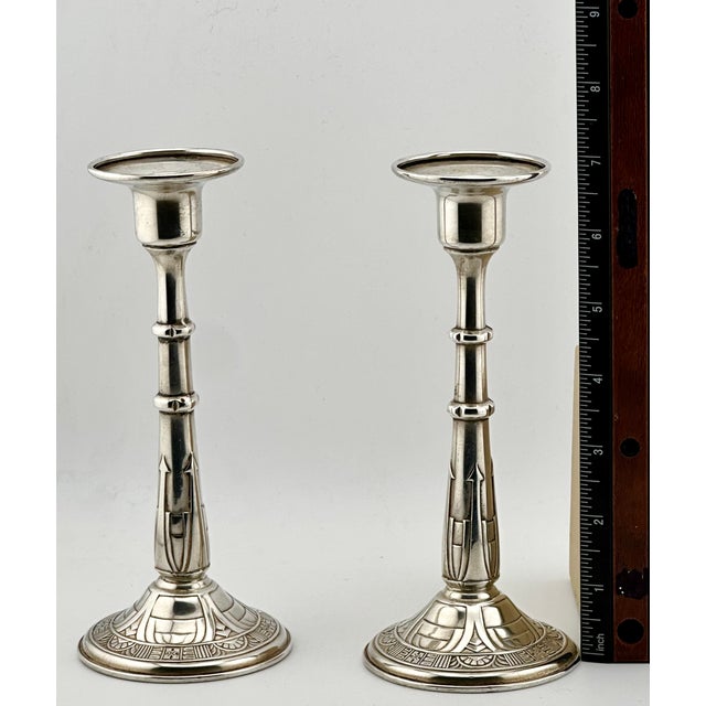 Fine Quality Vintage Mid 1900s Retro Art Deco Sterling Silver Candlesticks by Alvin Silver Company - Matching Pair For Sale - Image 16 of 18