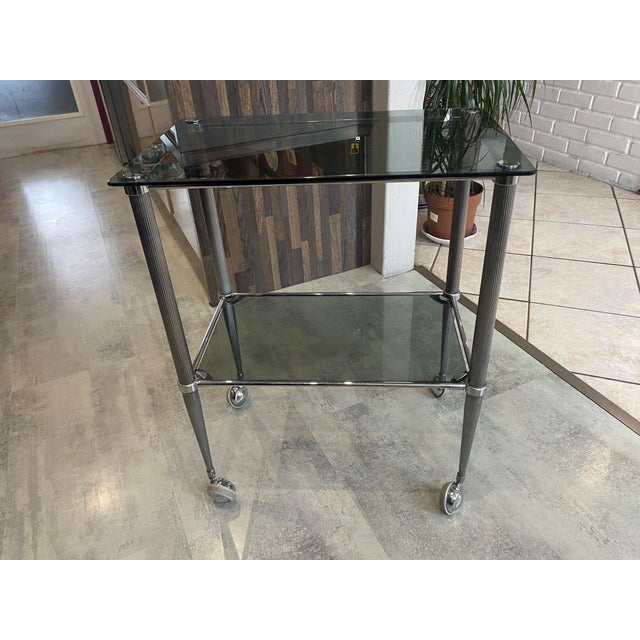 Vintage Silver-Plated Metal Bar Cart with Two Smoked Glass Shelves on Wheels, 1950s For Sale - Image 18 of 18