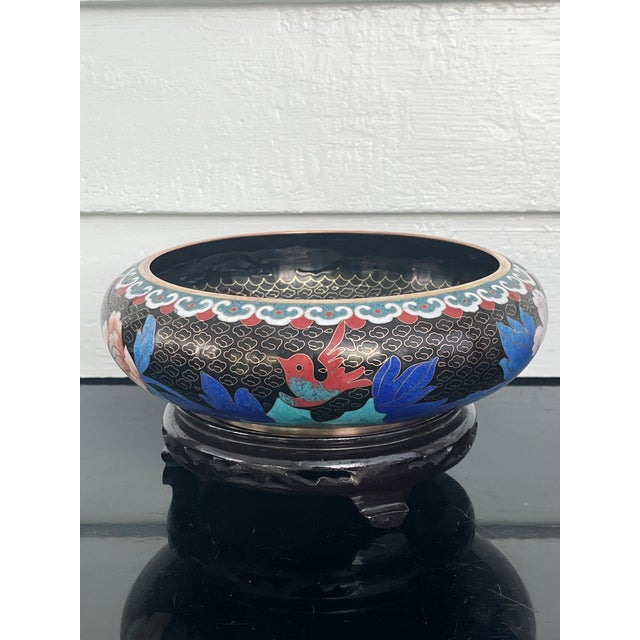 Chinese Cloisonné Bowl with Carved Wooden Stand Peony Enamel Bowl on Black Background China Early 20th Century Vintage...