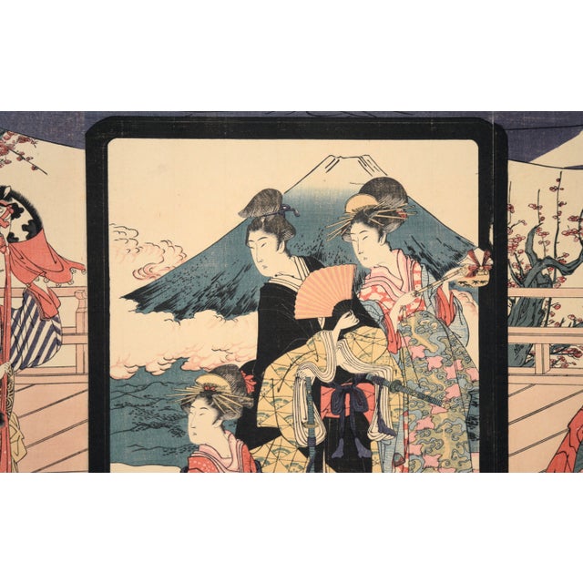 "Toy Horse Dance" Japanese Woodblock Triptych With Beauties and Mt Fuji by Utagawa Toyohiro For Sale - Image 9 of 10