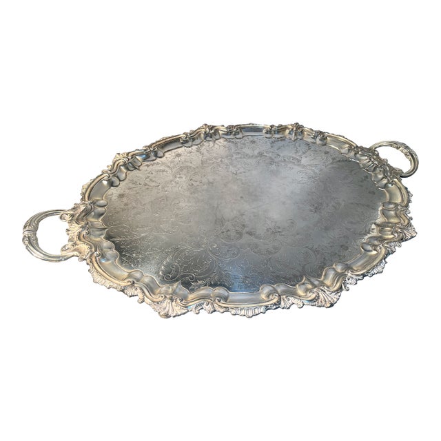 Vintage Silver Plated Butler's Serving Tray 31" Chippendale Style Gadrooned Borders For Sale