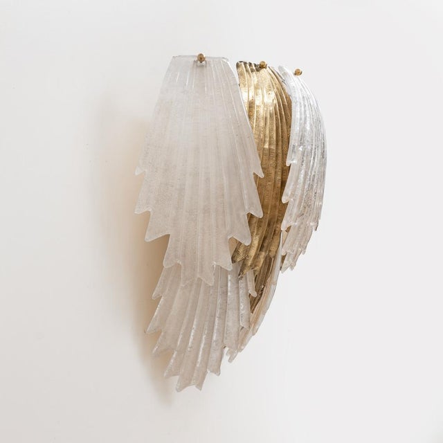 2000 - 2009 Art Deco Italian Murano Glass and Brass Leaf Wall Sconce, 2000s, Set of 2 For Sale - Image 5 of 11