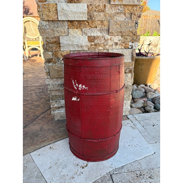 Antique Nail Keg Cask Barrel Painted Red With Twisted Metal Wire Bands For Sale - Image 4 of 12