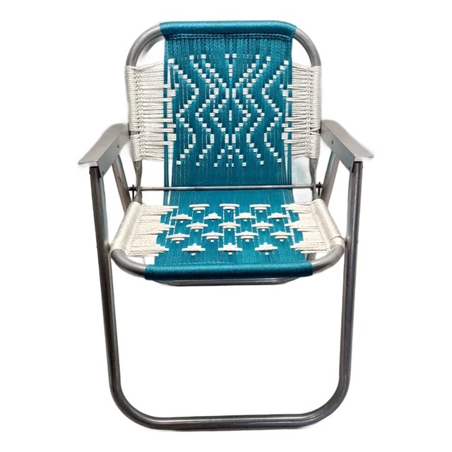 Vintage Macrame Woven Seat Aluminum Folding Lawn Chair For Sale