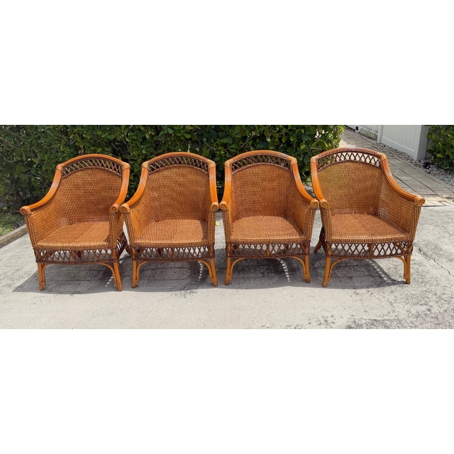English Vintage Palecek Wicker Dining Armchairs With Cushions – Set of 4 For Sale - Image 3 of 18