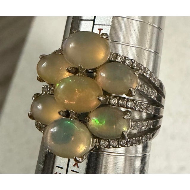 Metal 1980s Designer KJC Sterling Silver Ring Oval Fire Opal Cluster Natural Gemstone Sz 11 For Sale - Image 7 of 7